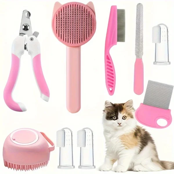 8Pcs Cat Brush Beauty Kit With Pet Nail Clippers And Files .